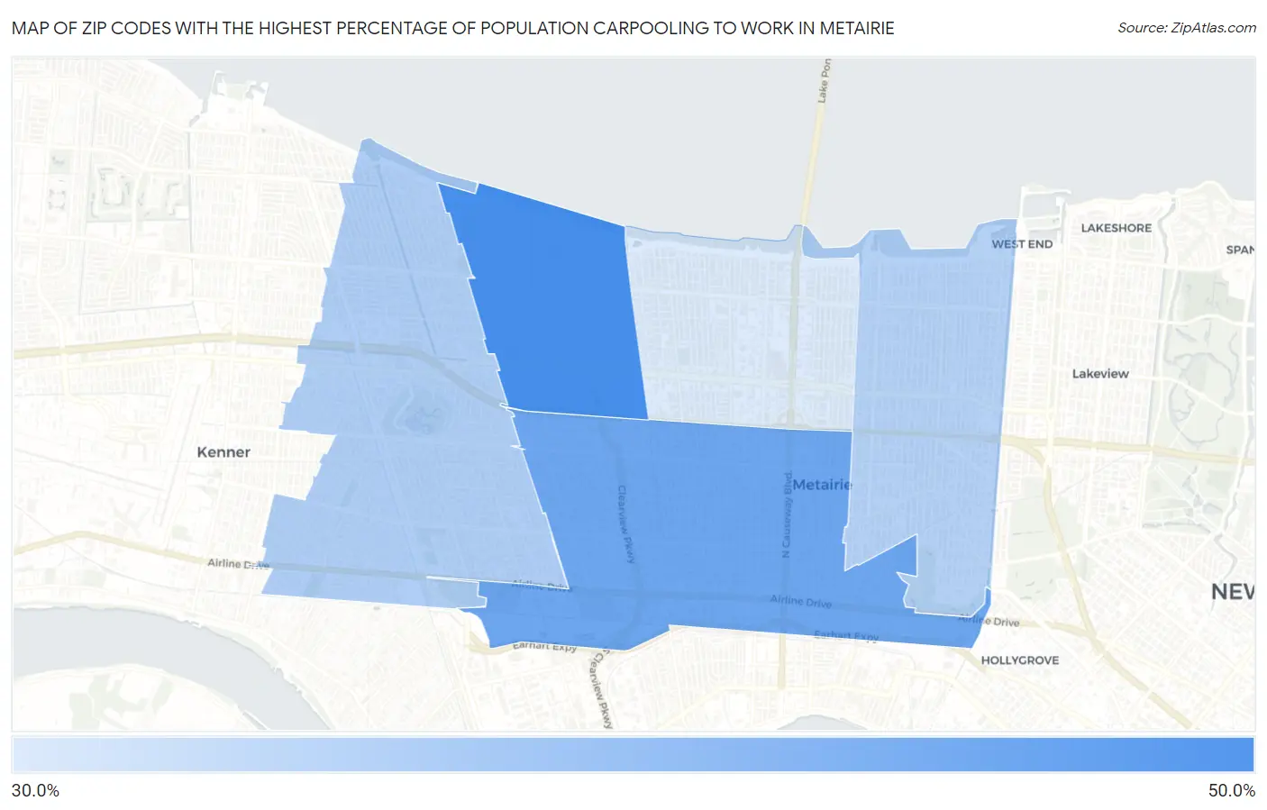 Zip Codes with the Highest Percentage of Population Carpooling to Work in Metairie Map