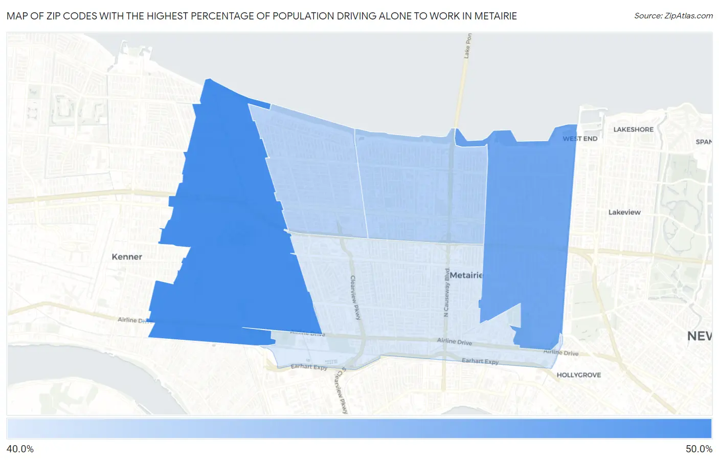 Zip Codes with the Highest Percentage of Population Driving Alone to Work in Metairie Map