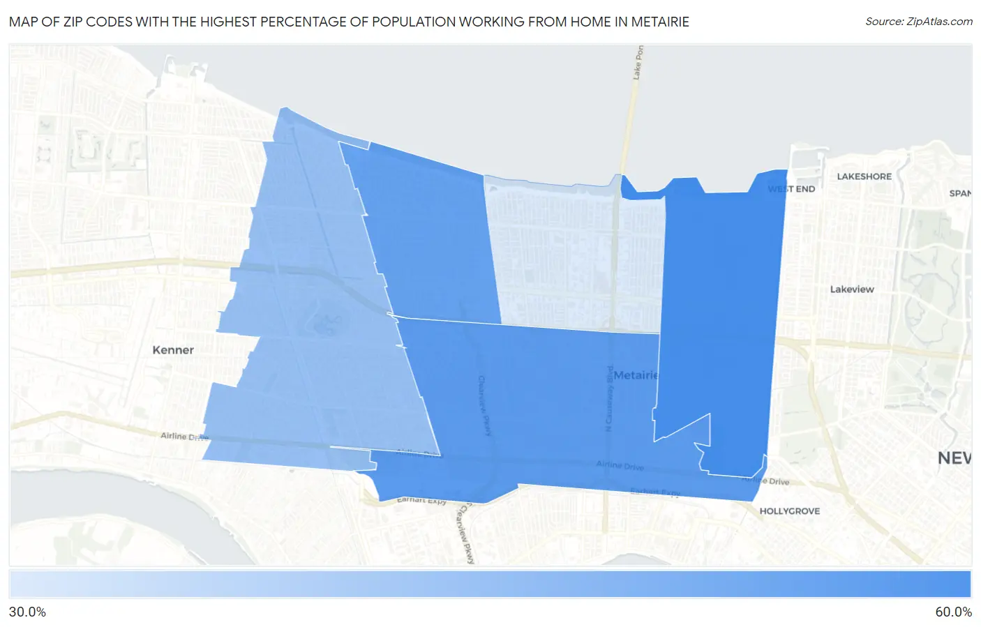 Zip Codes with the Highest Percentage of Population Working from Home in Metairie Map