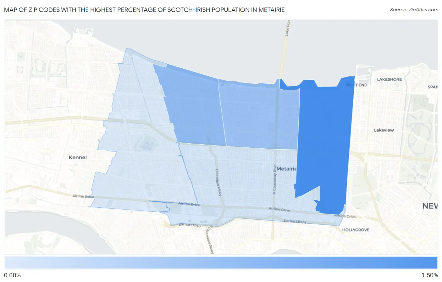 Zip Codes with the Highest Percentage of Scotch-Irish Population in Metairie Map