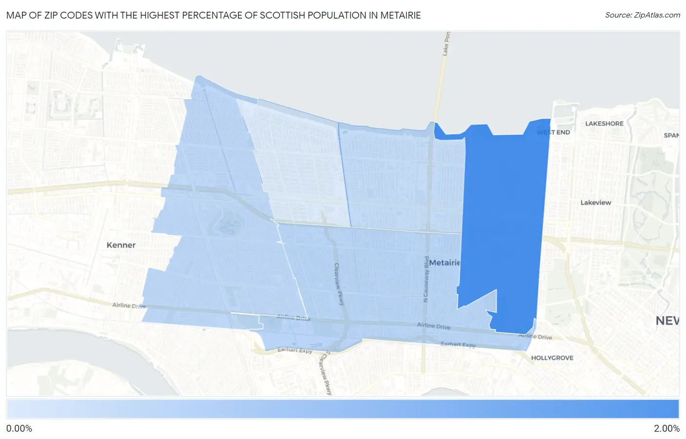 Zip Codes with the Highest Percentage of Scottish Population in Metairie Map