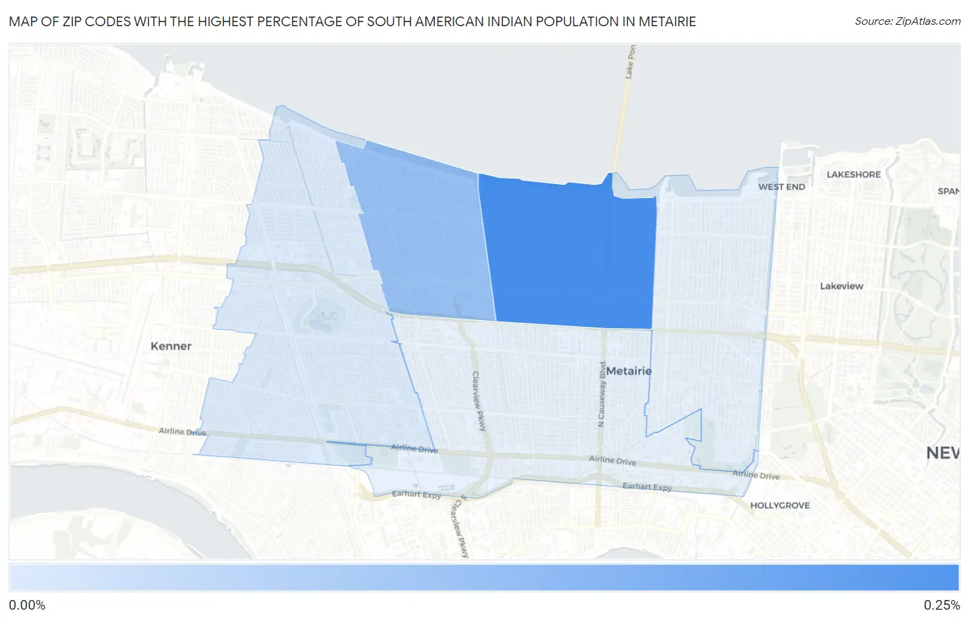 Zip Codes with the Highest Percentage of South American Indian Population in Metairie Map