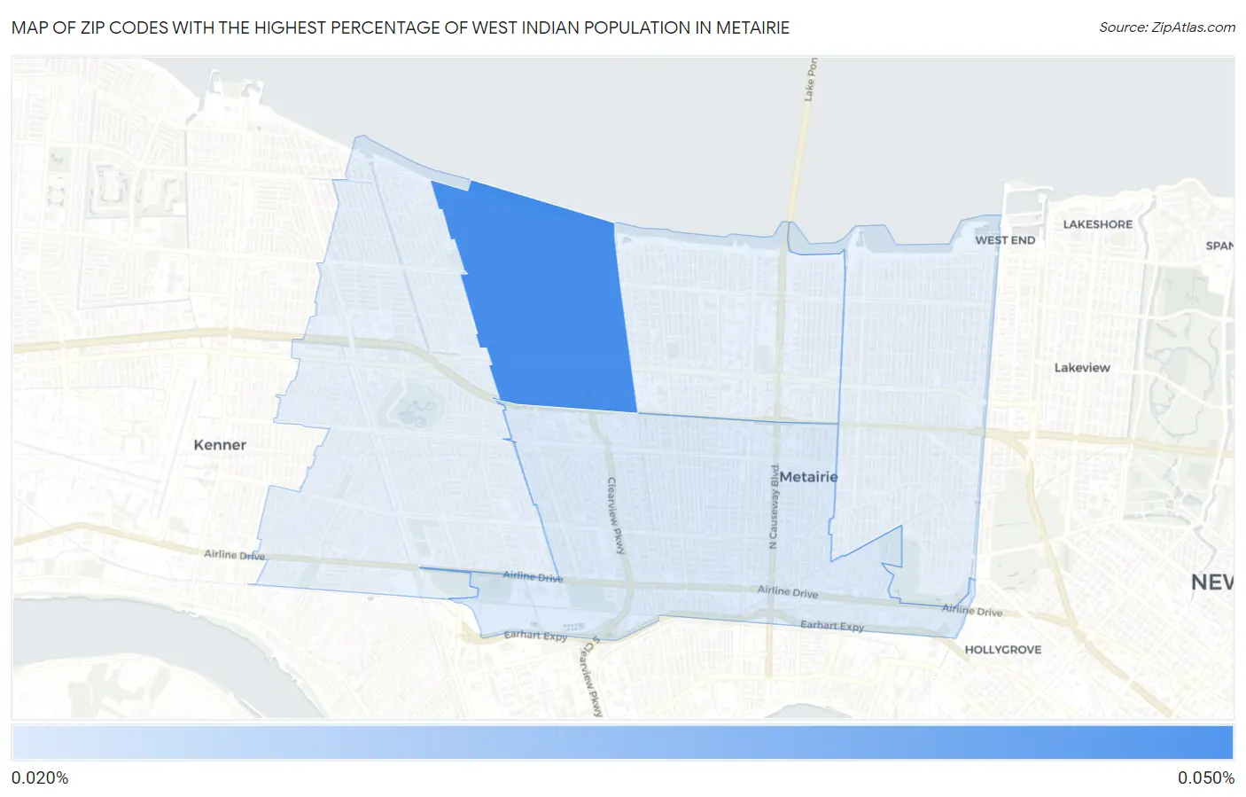 Zip Codes with the Highest Percentage of West Indian Population in Metairie Map