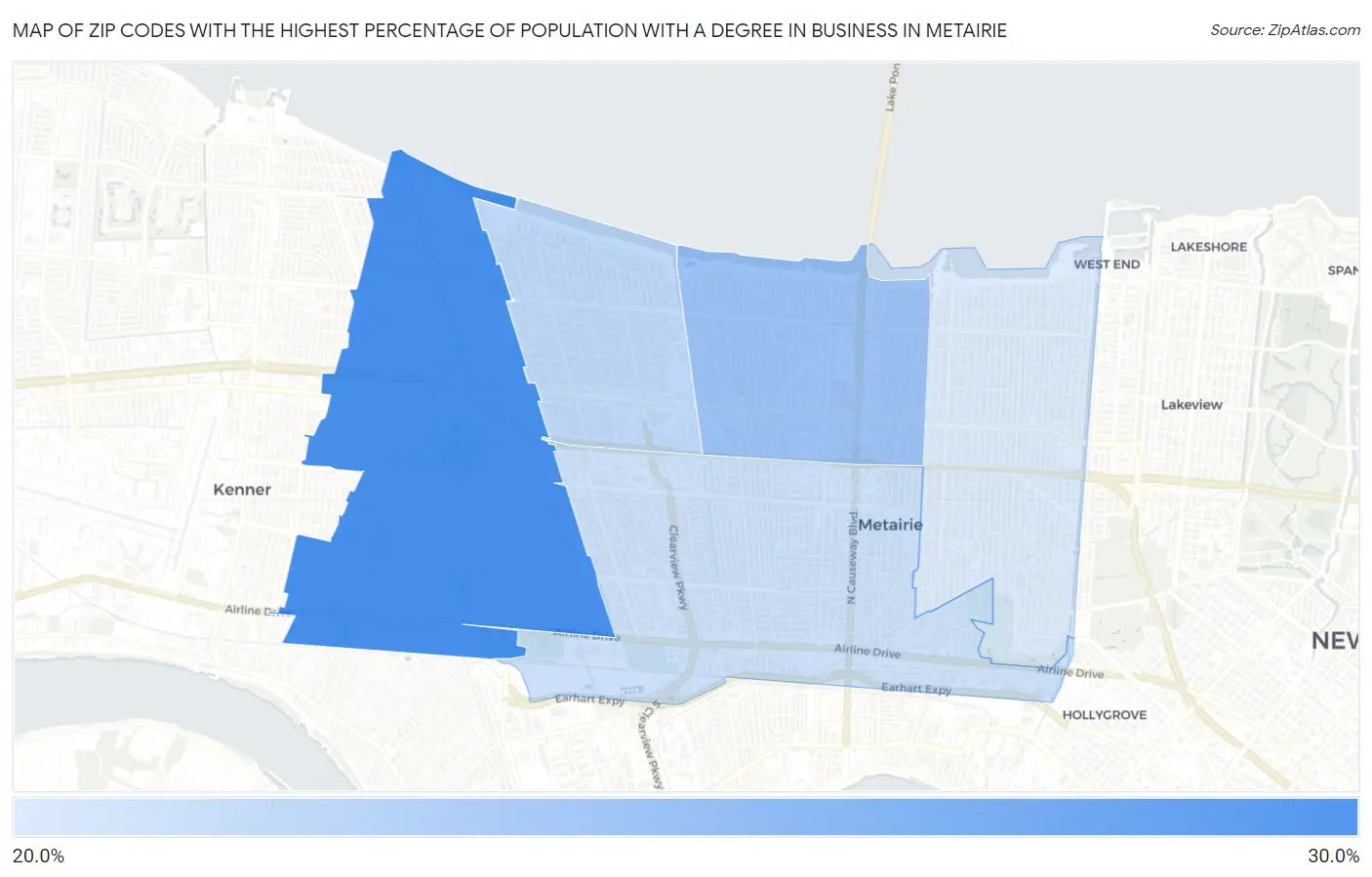 Zip Codes with the Highest Percentage of Population with a Degree in Business in Metairie Map