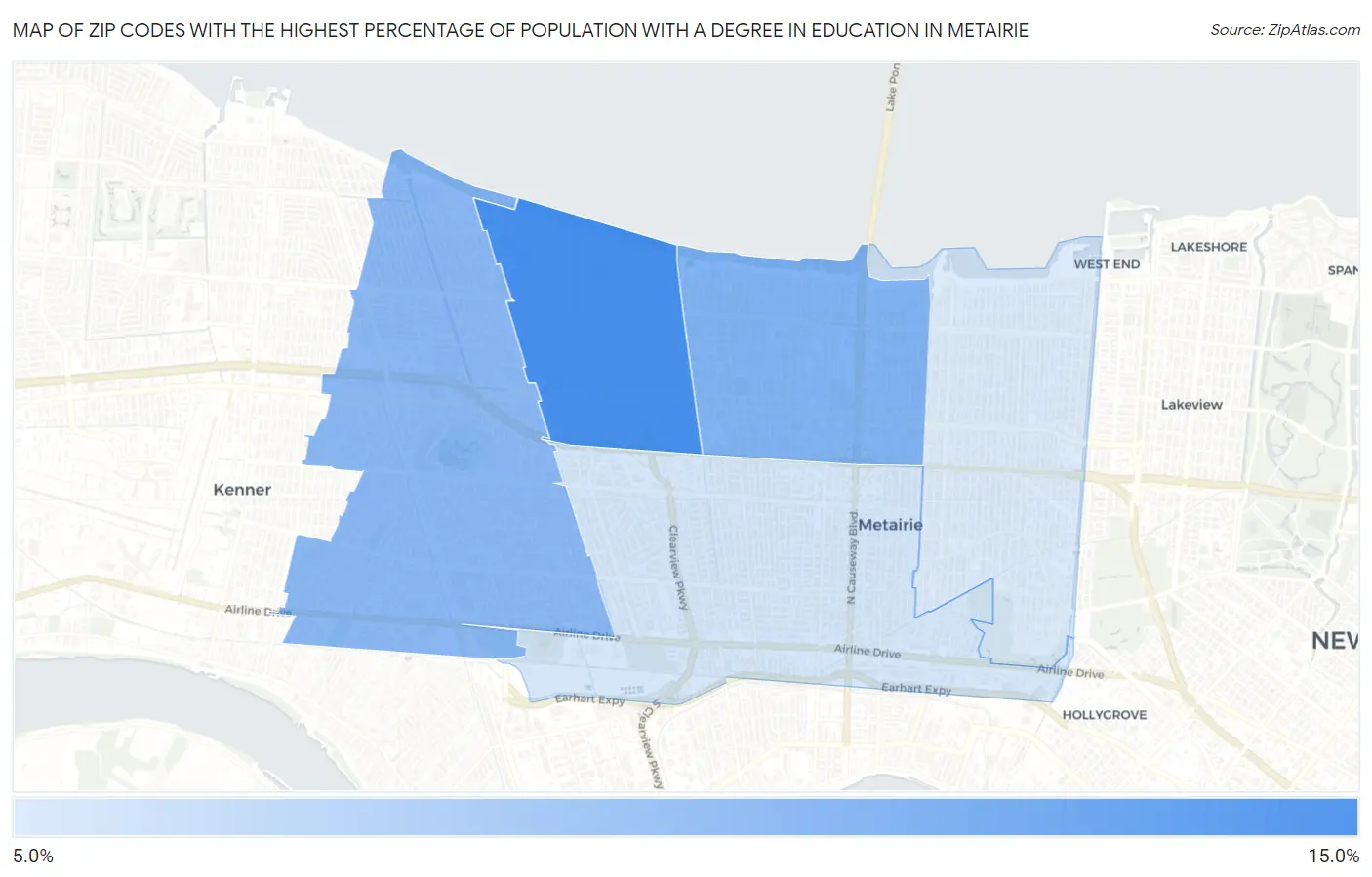 Zip Codes with the Highest Percentage of Population with a Degree in Education in Metairie Map
