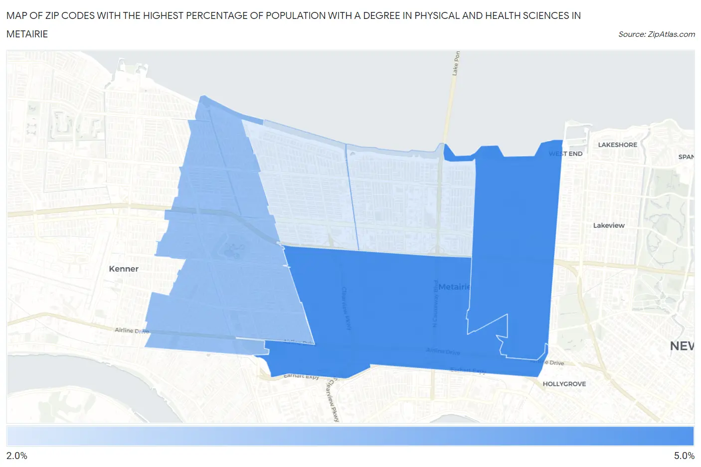 Zip Codes with the Highest Percentage of Population with a Degree in Physical and Health Sciences in Metairie Map