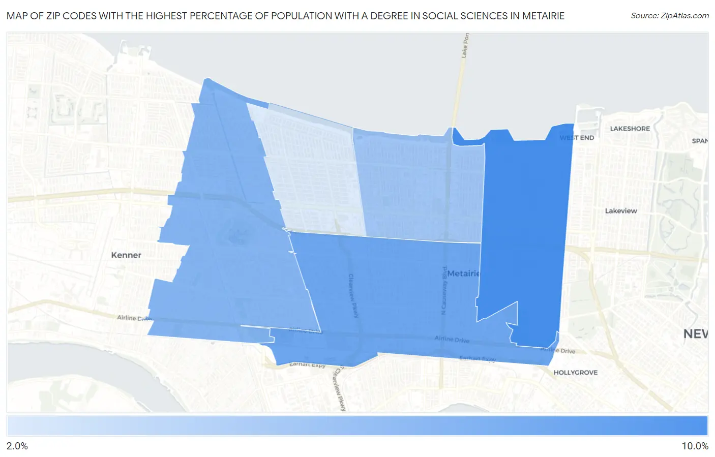 Zip Codes with the Highest Percentage of Population with a Degree in Social Sciences in Metairie Map