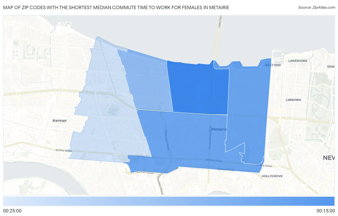 Zip Codes with the Shortest Median Commute Time to Work for Females in Metairie Map