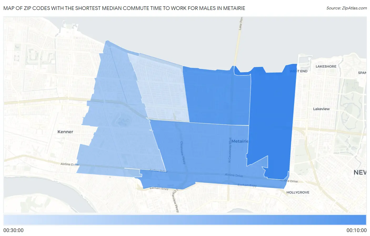 Zip Codes with the Shortest Median Commute Time to Work for Males in Metairie Map