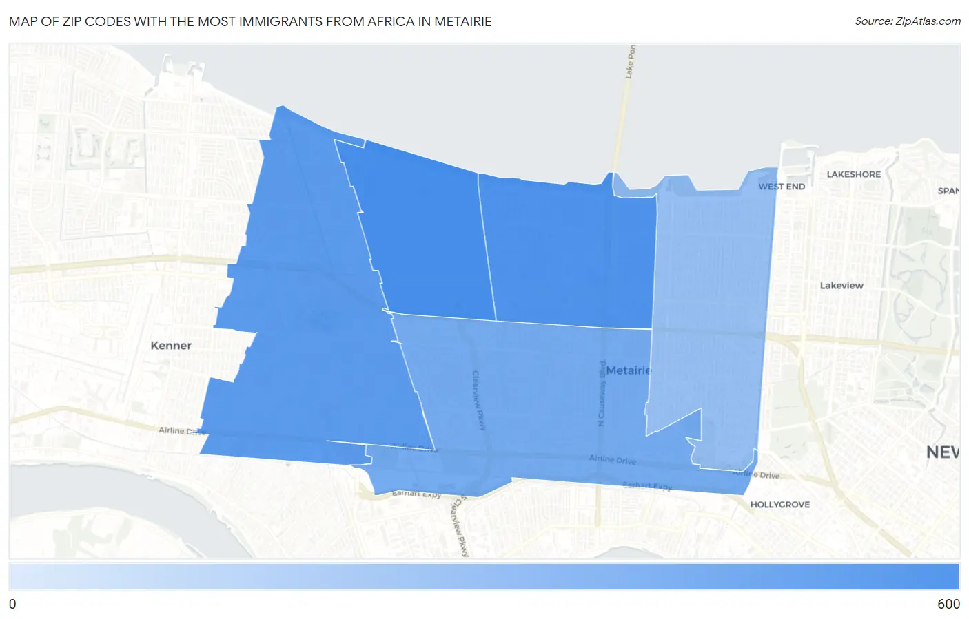 Zip Codes with the Most Immigrants from Africa in Metairie Map