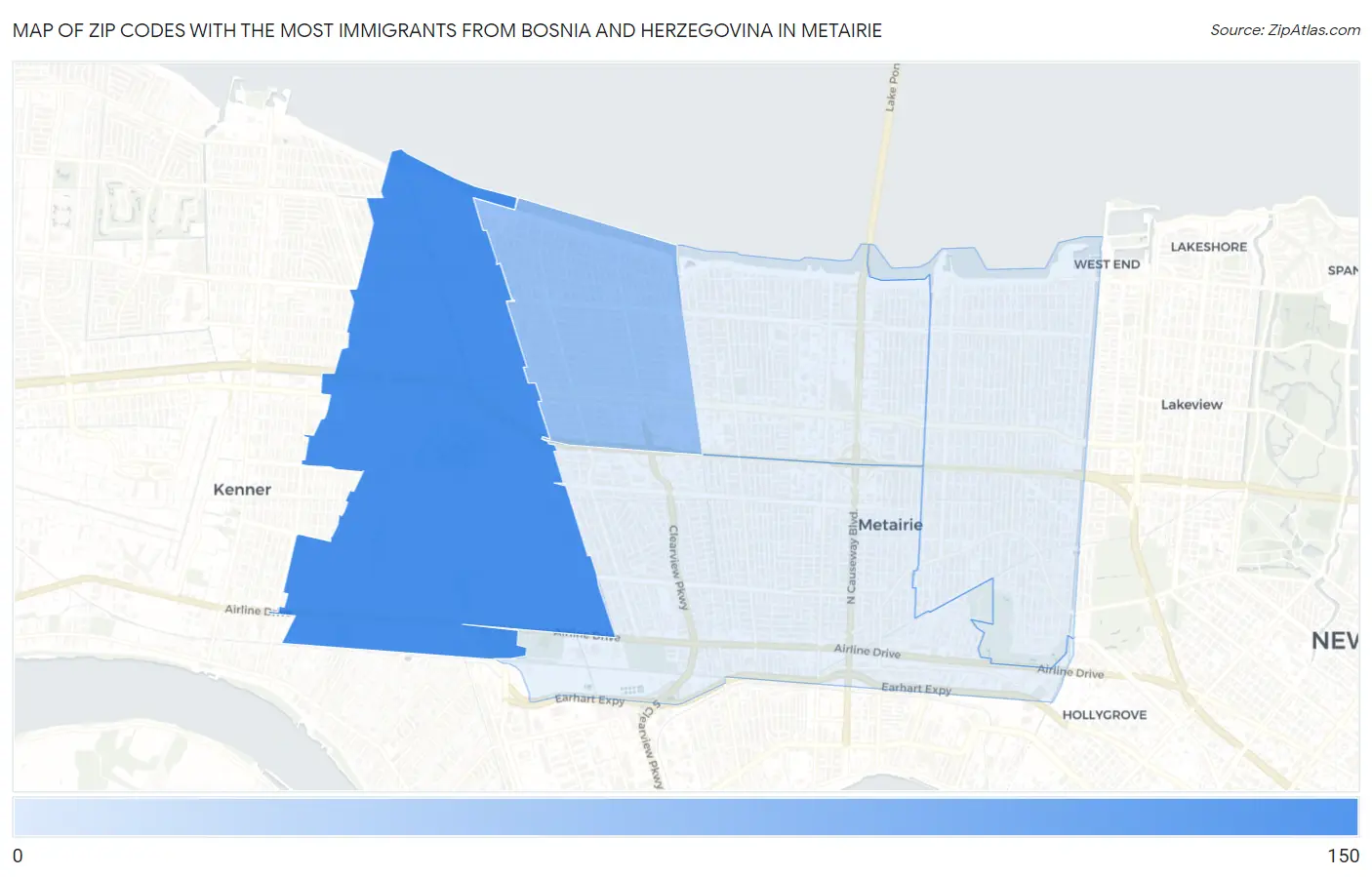 Zip Codes with the Most Immigrants from Bosnia and Herzegovina in Metairie Map