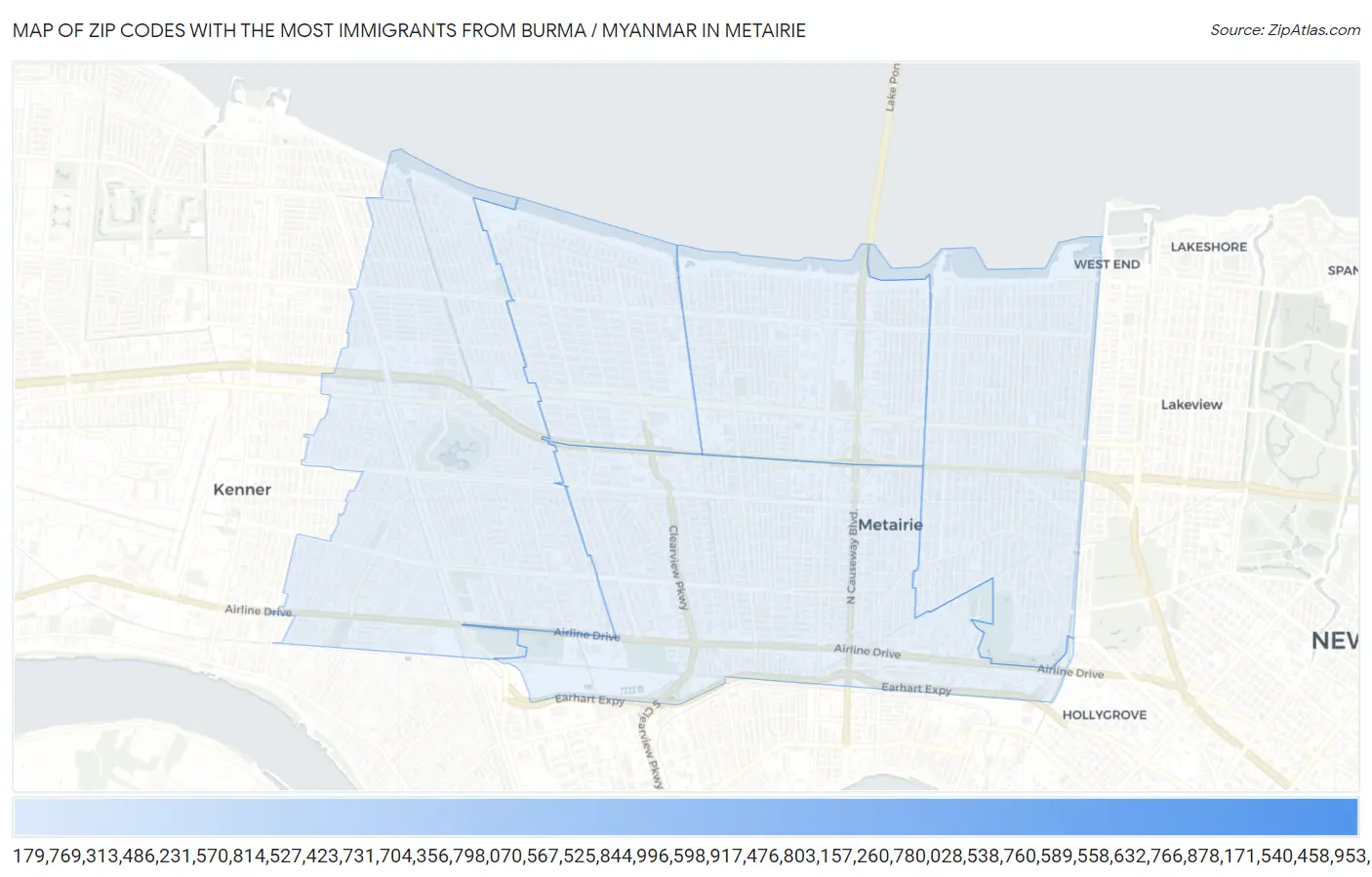 Zip Codes with the Most Immigrants from Burma / Myanmar in Metairie Map