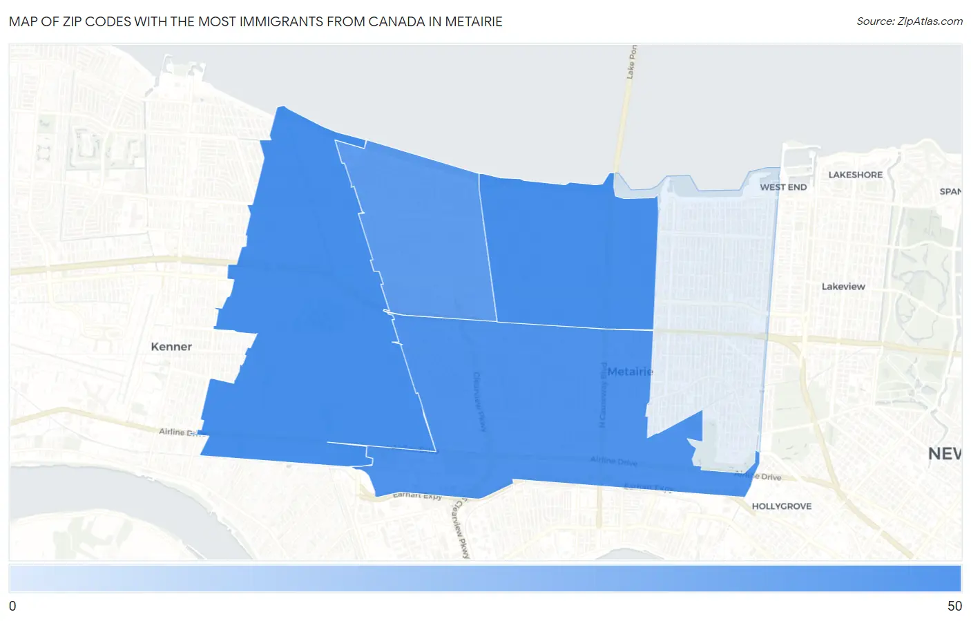 Zip Codes with the Most Immigrants from Canada in Metairie Map