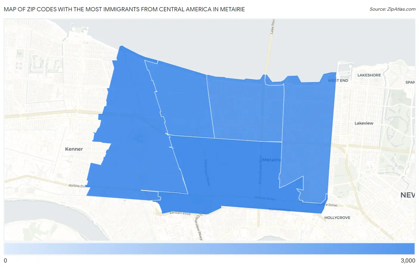 Zip Codes with the Most Immigrants from Central America in Metairie Map