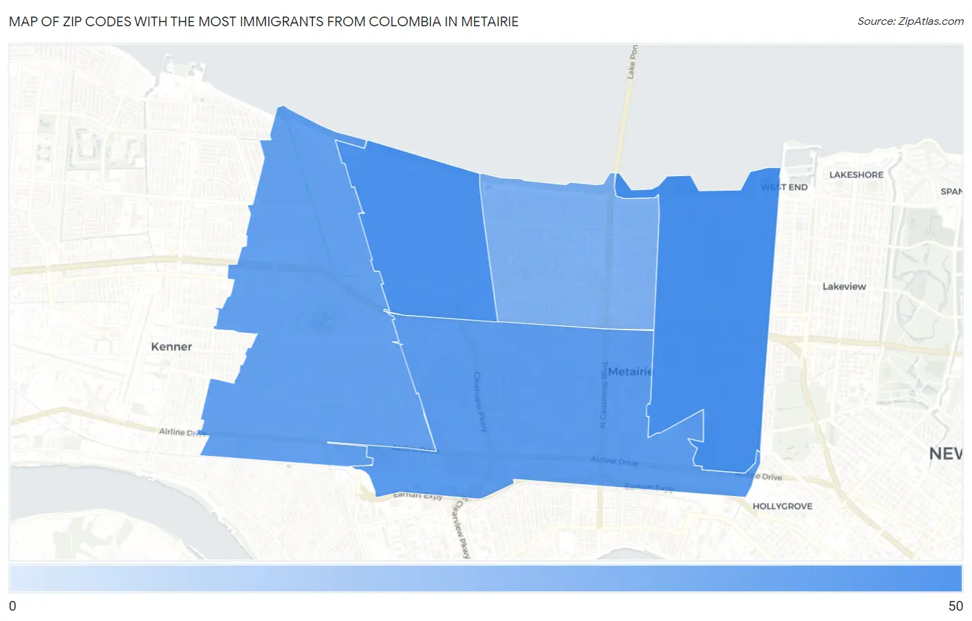 Zip Codes with the Most Immigrants from Colombia in Metairie Map