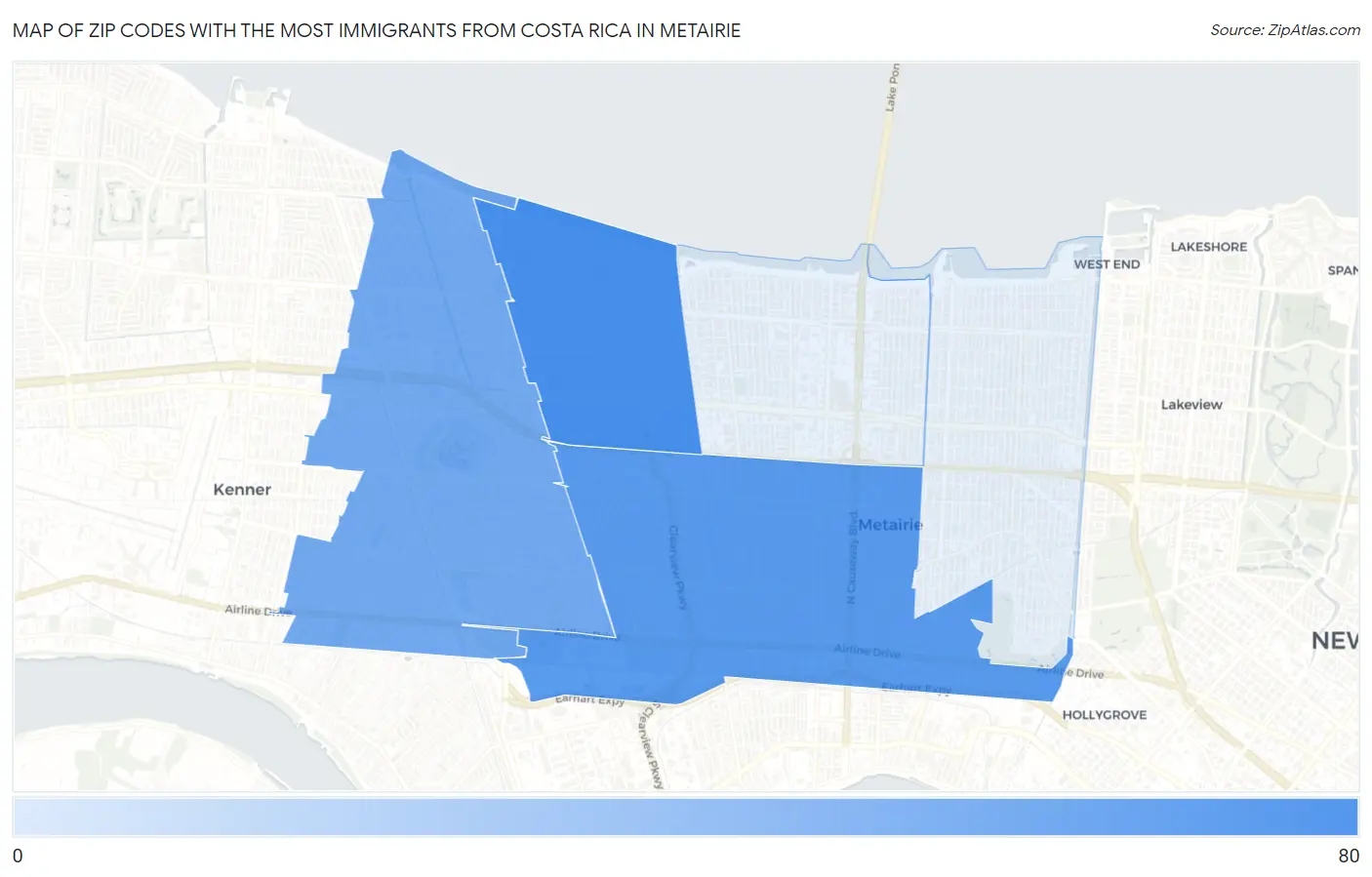 Zip Codes with the Most Immigrants from Costa Rica in Metairie Map