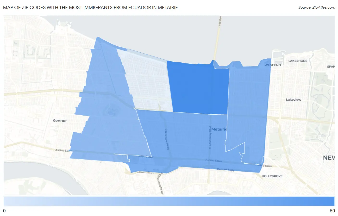 Zip Codes with the Most Immigrants from Ecuador in Metairie Map