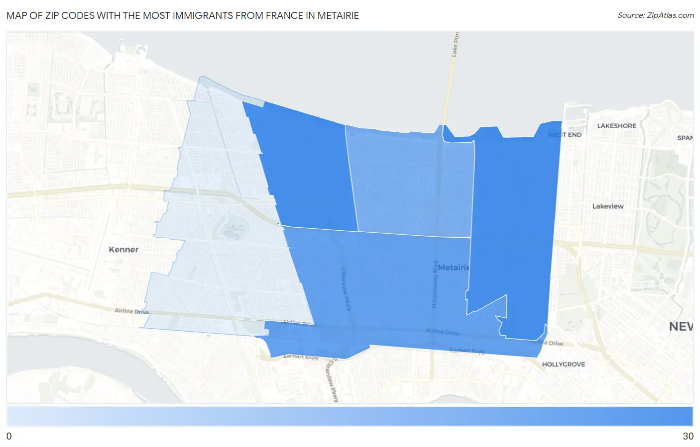 Zip Codes with the Most Immigrants from France in Metairie Map