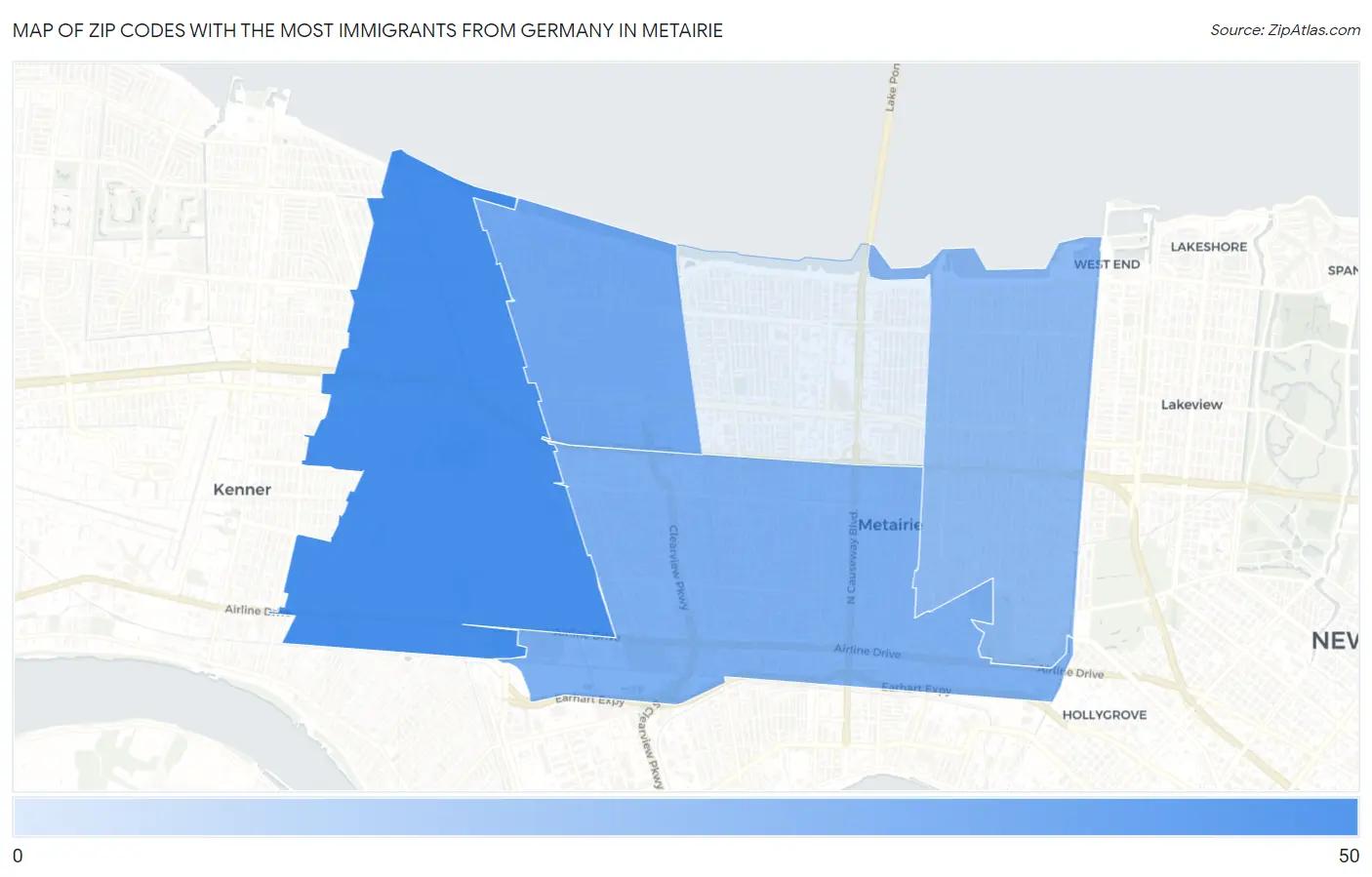 Zip Codes with the Most Immigrants from Germany in Metairie Map