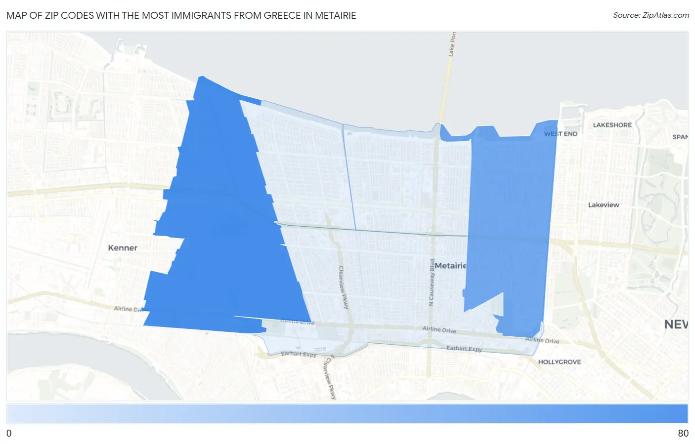 Zip Codes with the Most Immigrants from Greece in Metairie Map
