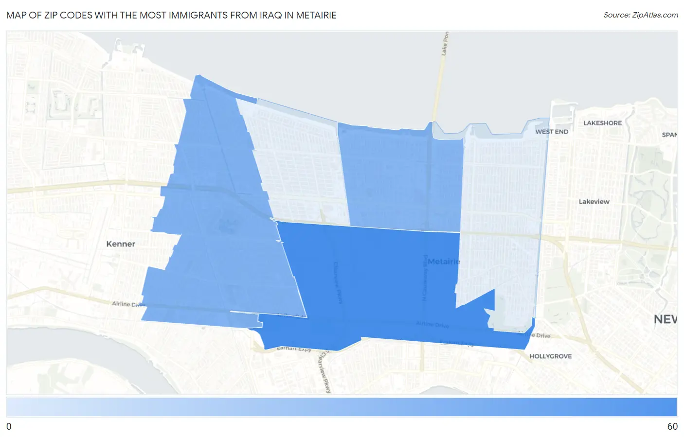 Zip Codes with the Most Immigrants from Iraq in Metairie Map