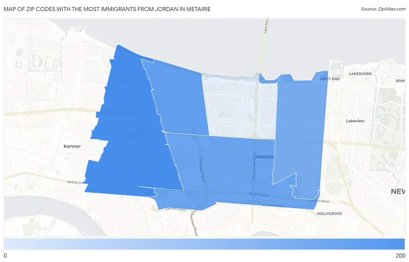 Zip Codes with the Most Immigrants from Jordan in Metairie Map