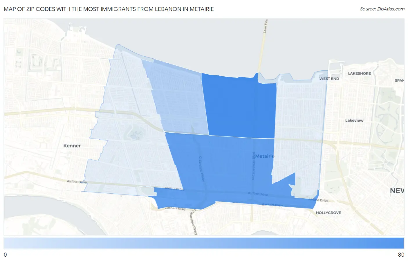 Zip Codes with the Most Immigrants from Lebanon in Metairie Map