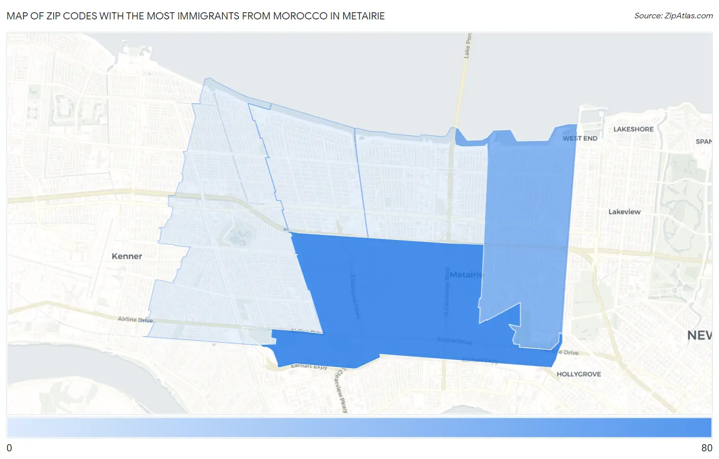 Zip Codes with the Most Immigrants from Morocco in Metairie Map