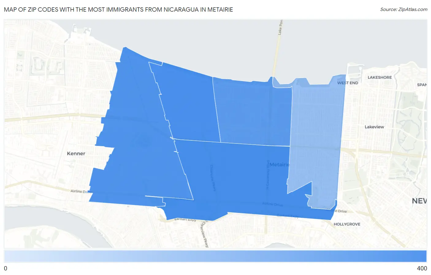 Zip Codes with the Most Immigrants from Nicaragua in Metairie Map