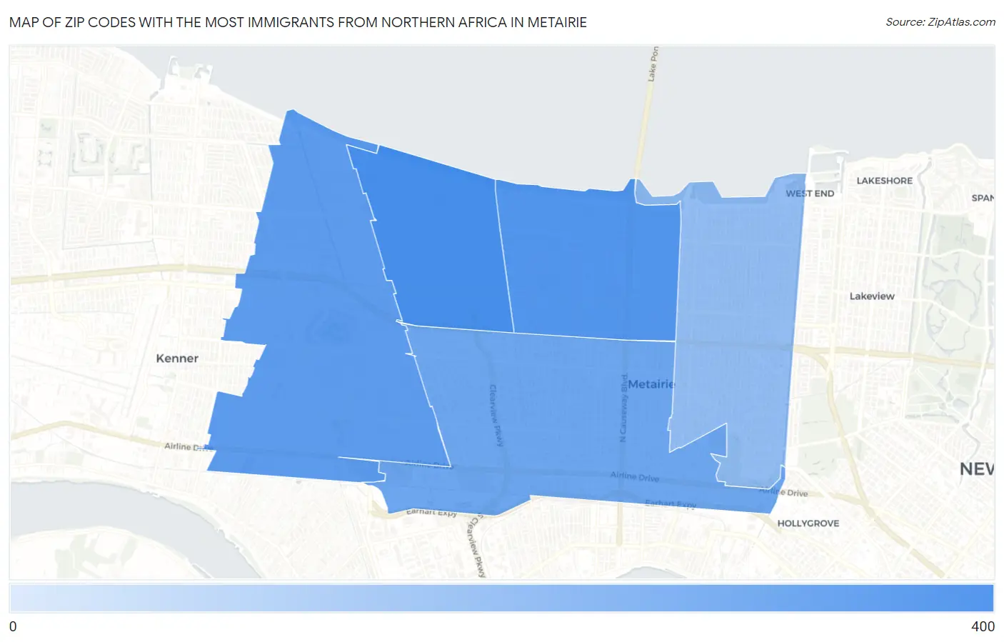 Zip Codes with the Most Immigrants from Northern Africa in Metairie Map