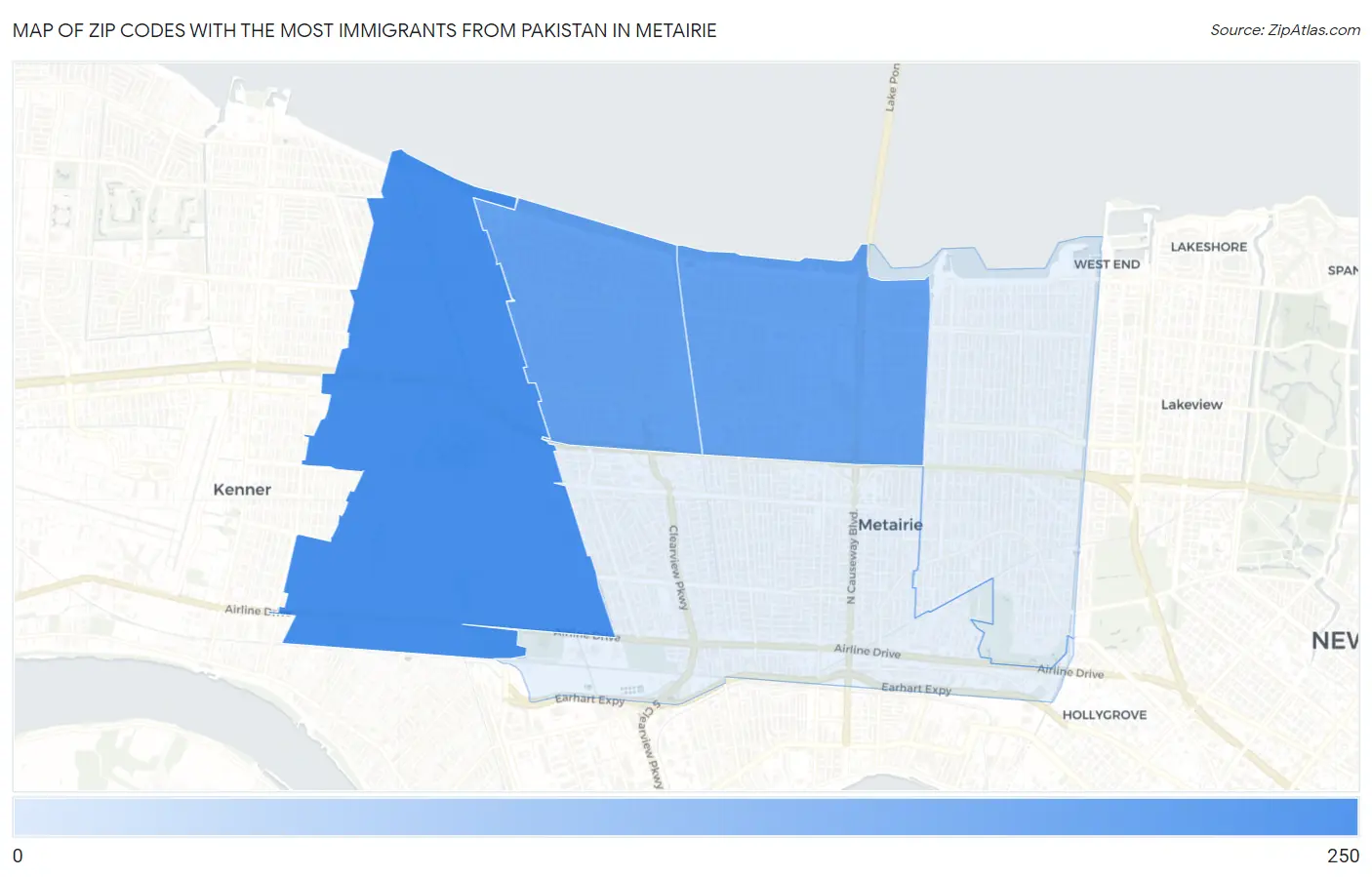 Zip Codes with the Most Immigrants from Pakistan in Metairie Map