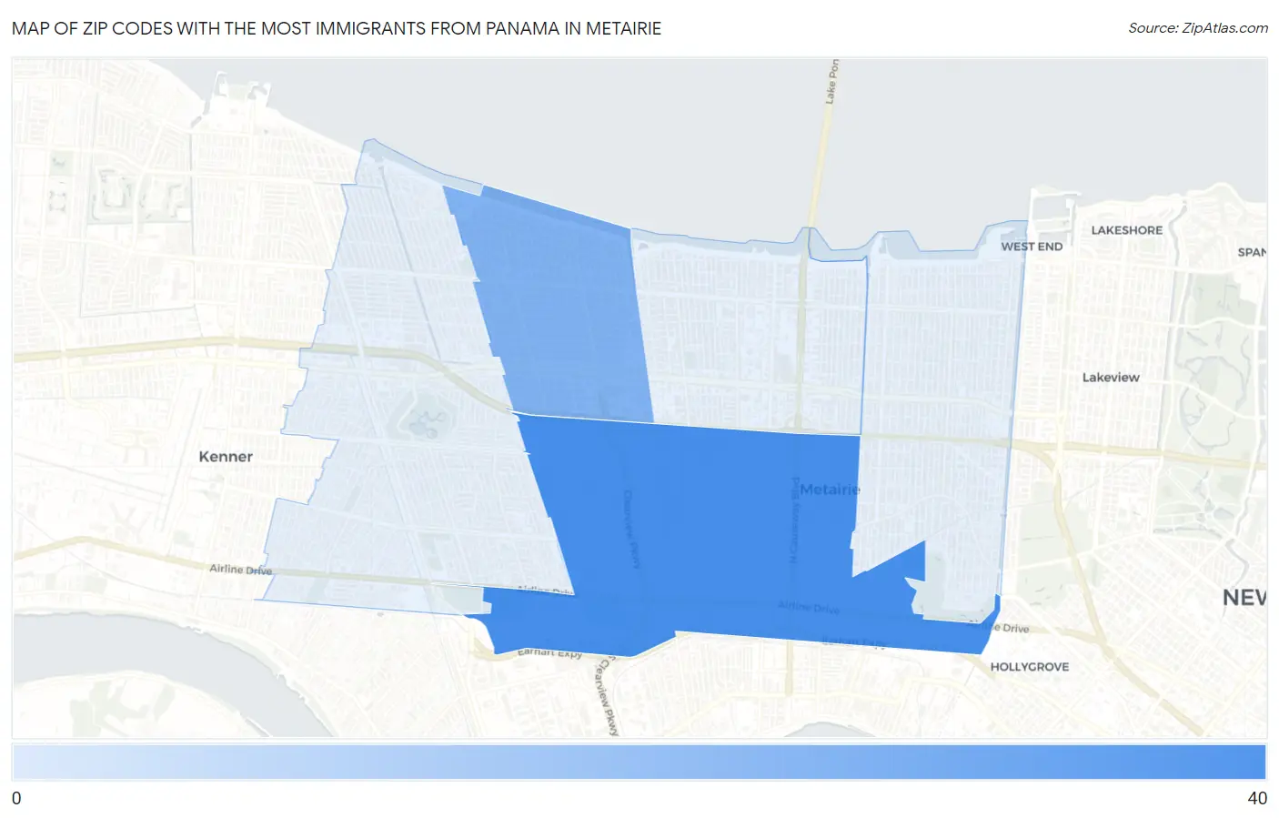 Zip Codes with the Most Immigrants from Panama in Metairie Map