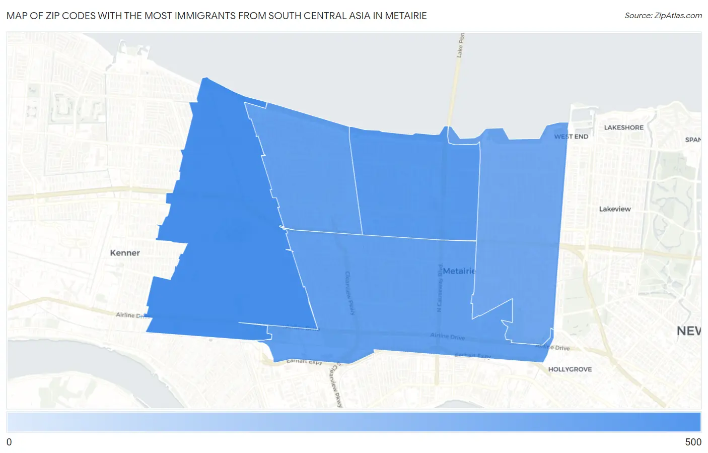 Zip Codes with the Most Immigrants from South Central Asia in Metairie Map