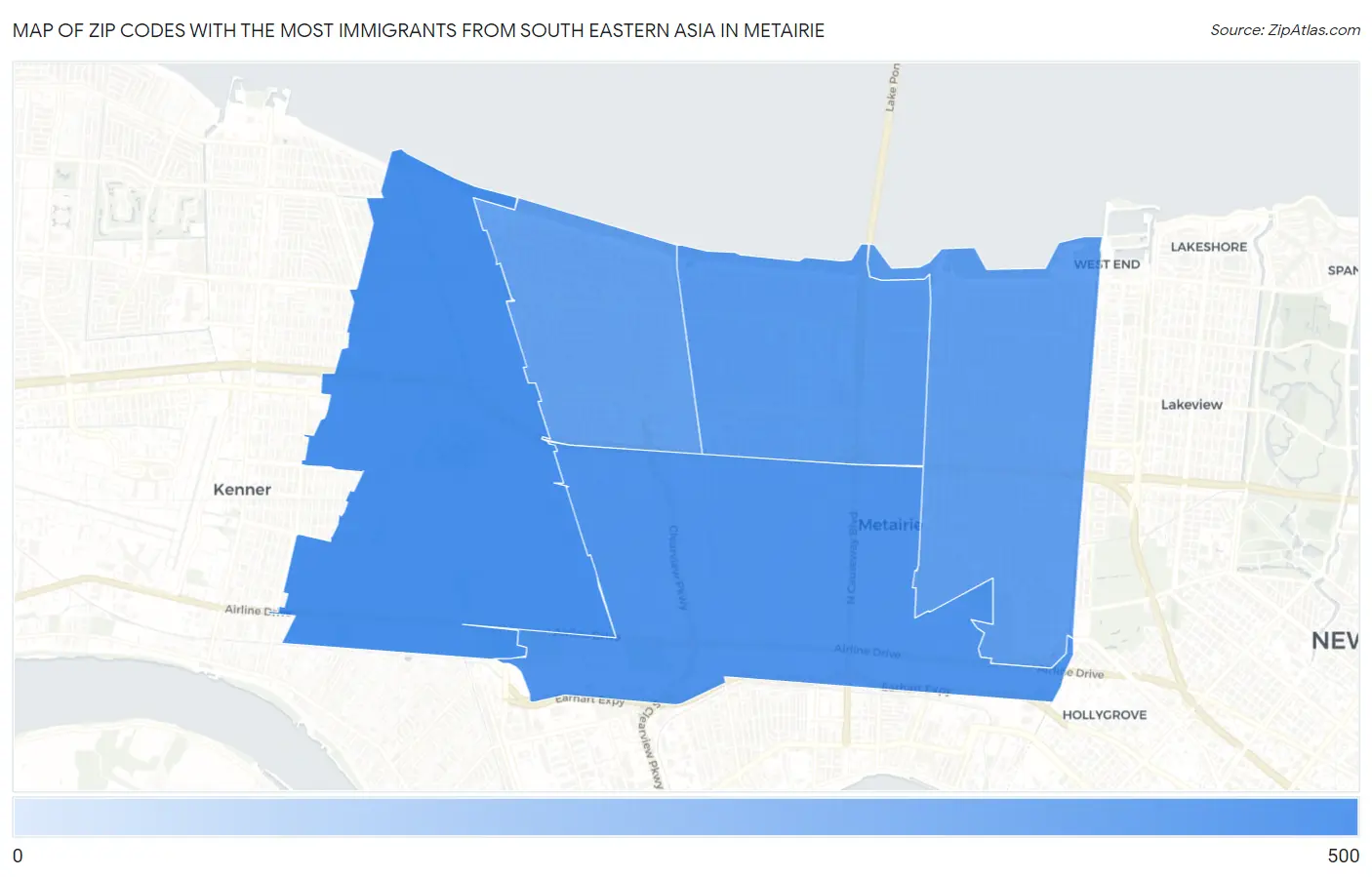 Zip Codes with the Most Immigrants from South Eastern Asia in Metairie Map