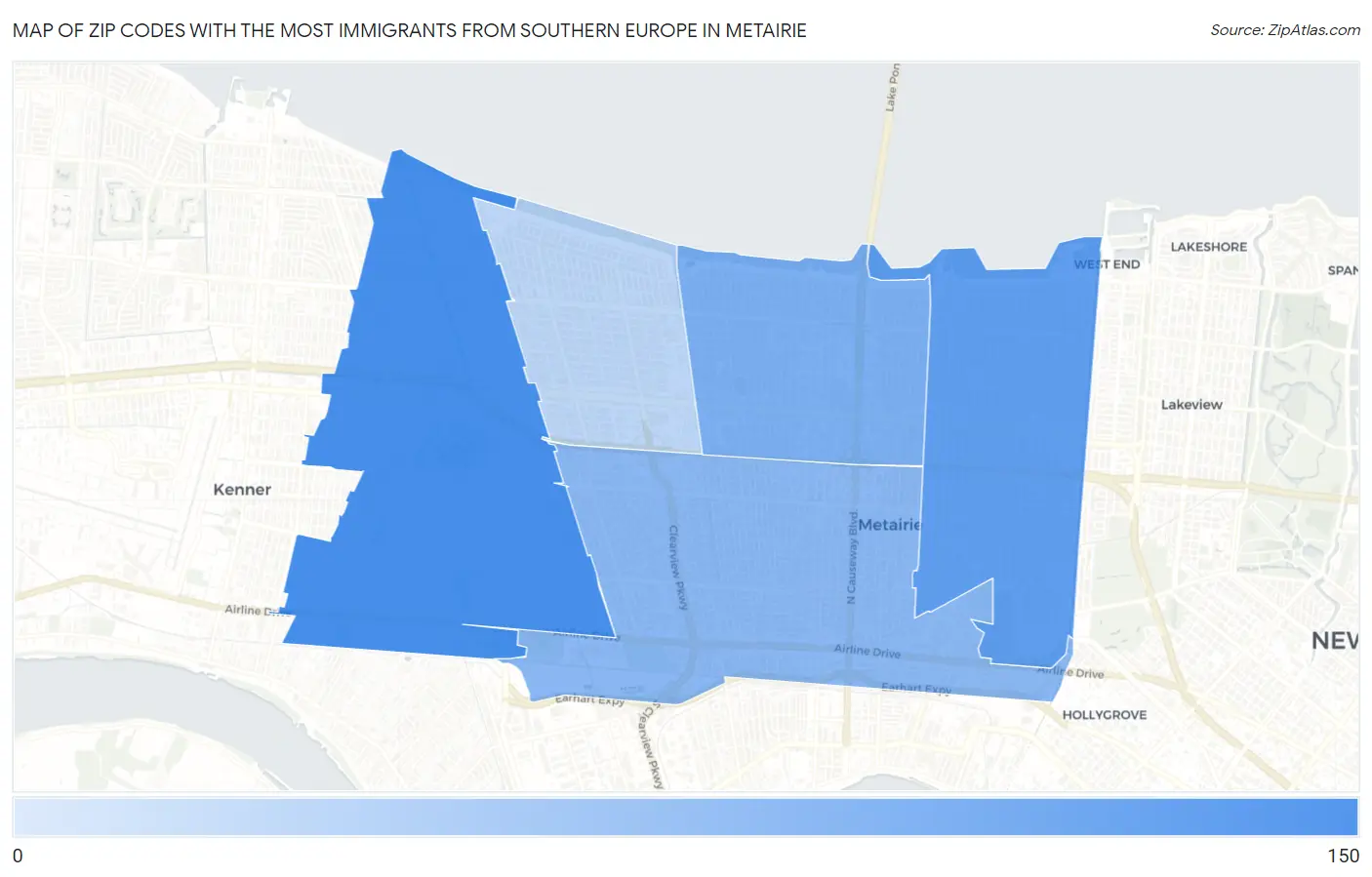 Zip Codes with the Most Immigrants from Southern Europe in Metairie Map