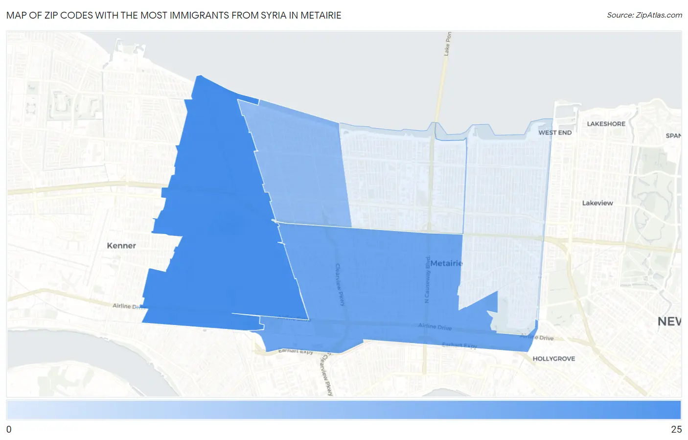 Zip Codes with the Most Immigrants from Syria in Metairie Map