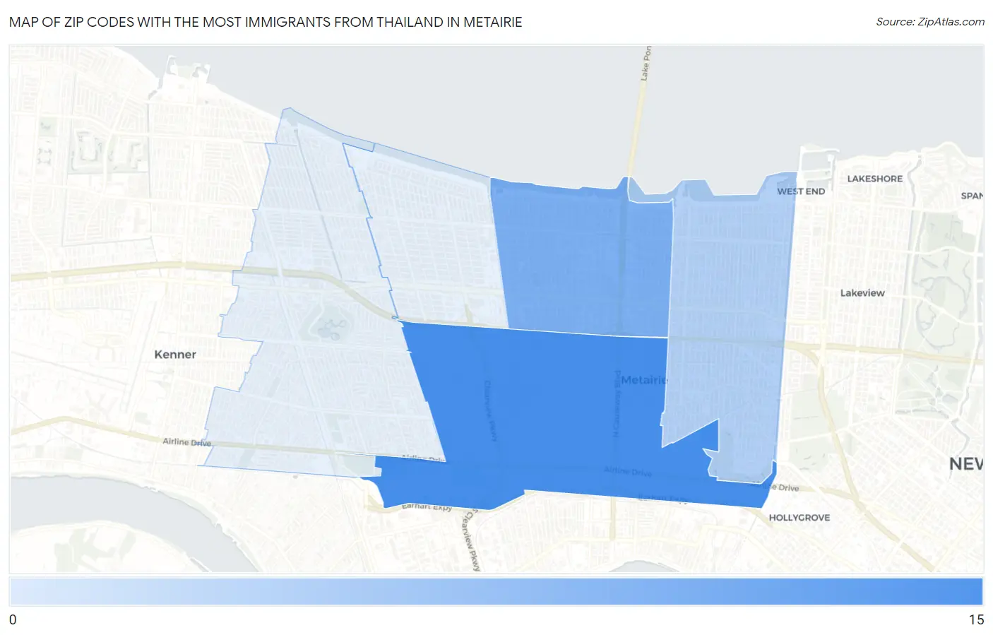Zip Codes with the Most Immigrants from Thailand in Metairie Map