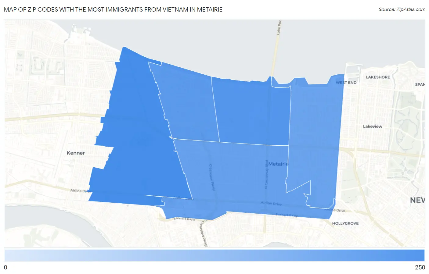 Zip Codes with the Most Immigrants from Vietnam in Metairie Map