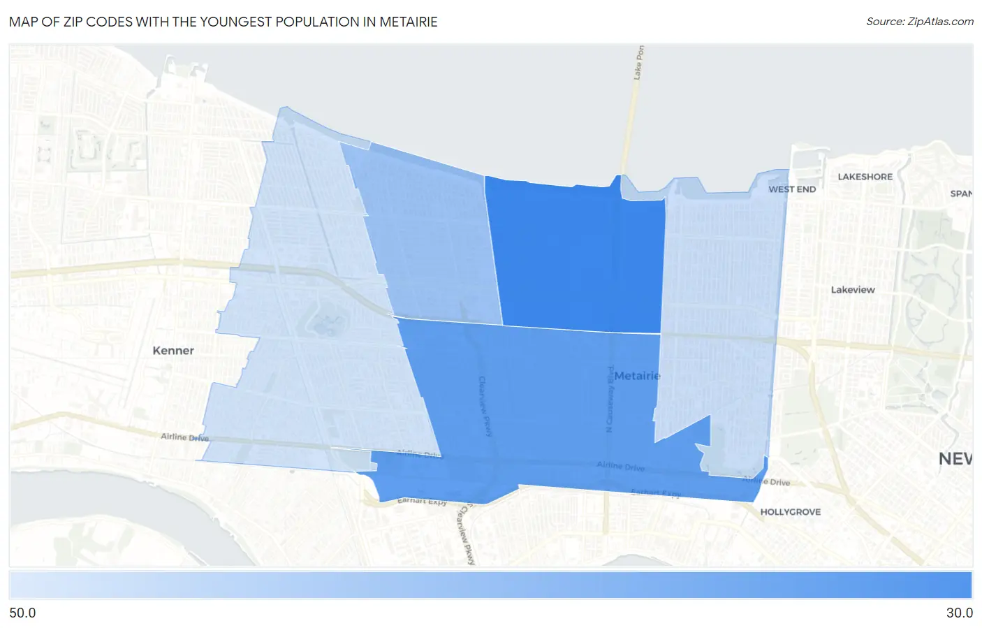 Zip Codes with the Youngest Population in Metairie Map