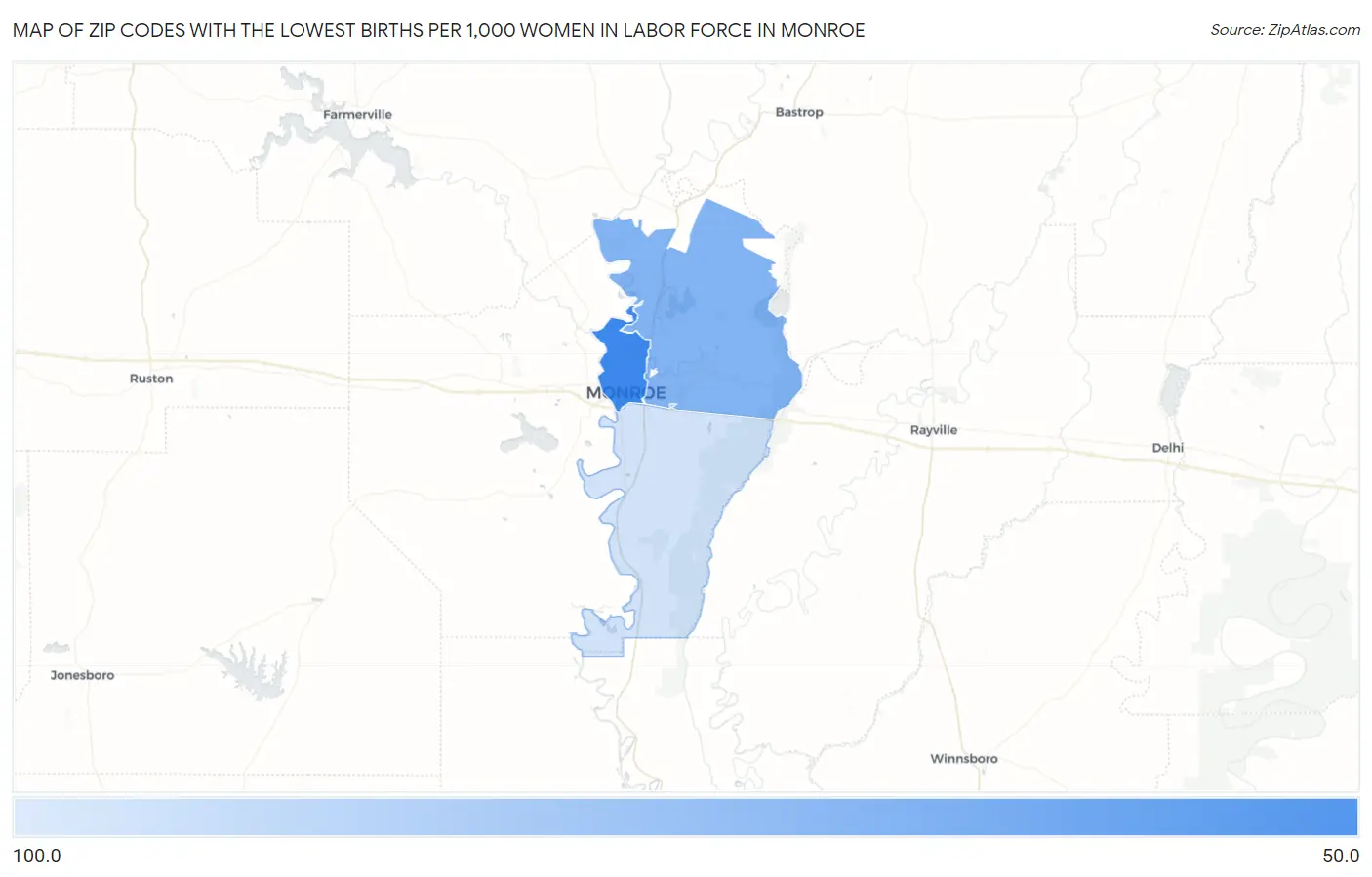 Zip Codes with the Lowest Births per 1,000 Women in Labor Force in Monroe Map