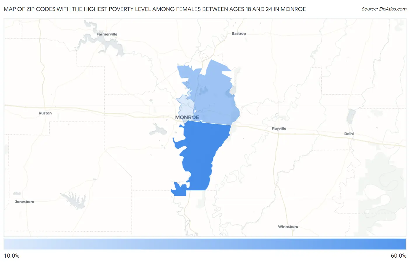Zip Codes with the Highest Poverty Level Among Females Between Ages 18 and 24 in Monroe Map