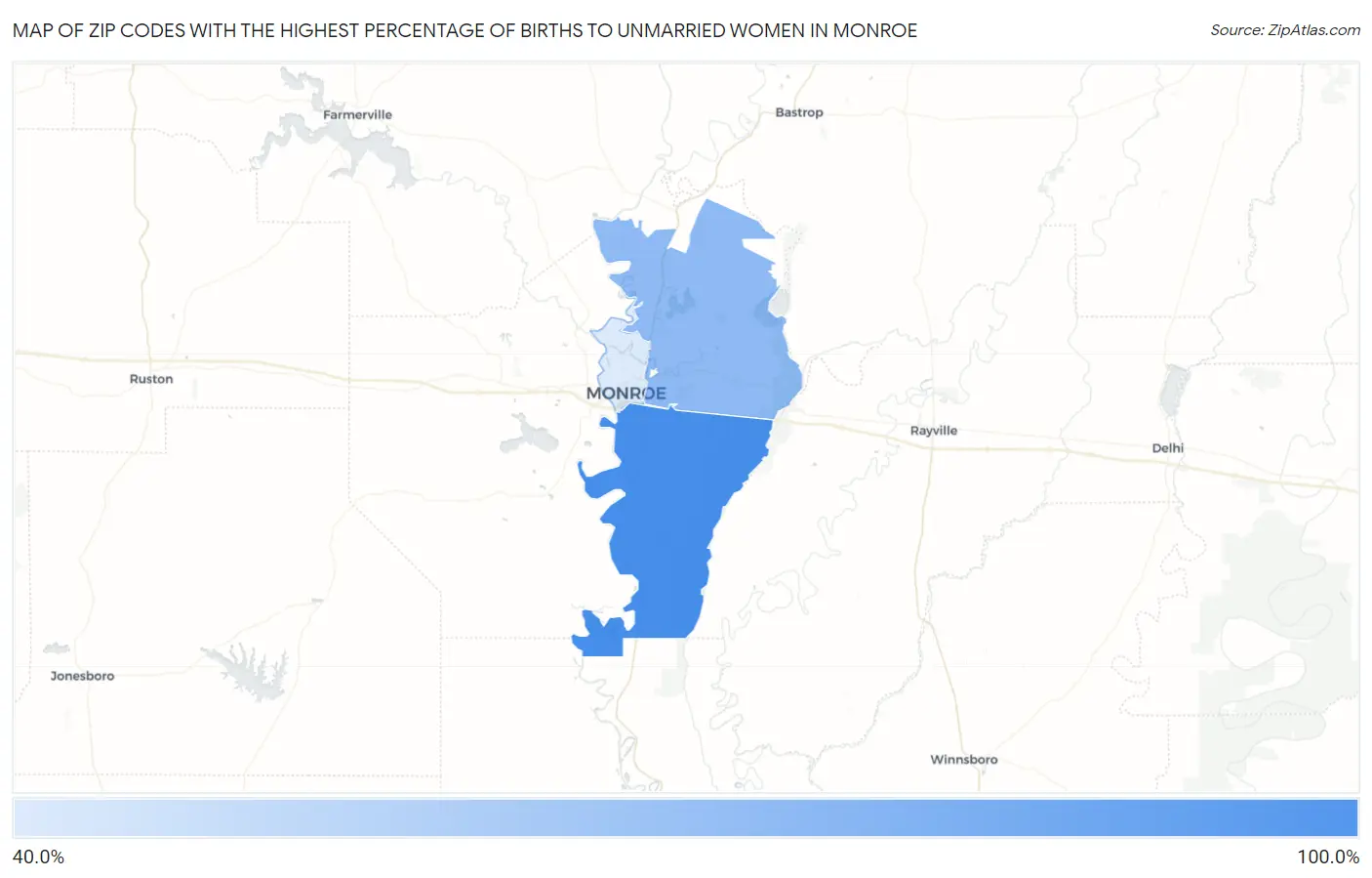 Zip Codes with the Highest Percentage of Births to Unmarried Women in Monroe Map
