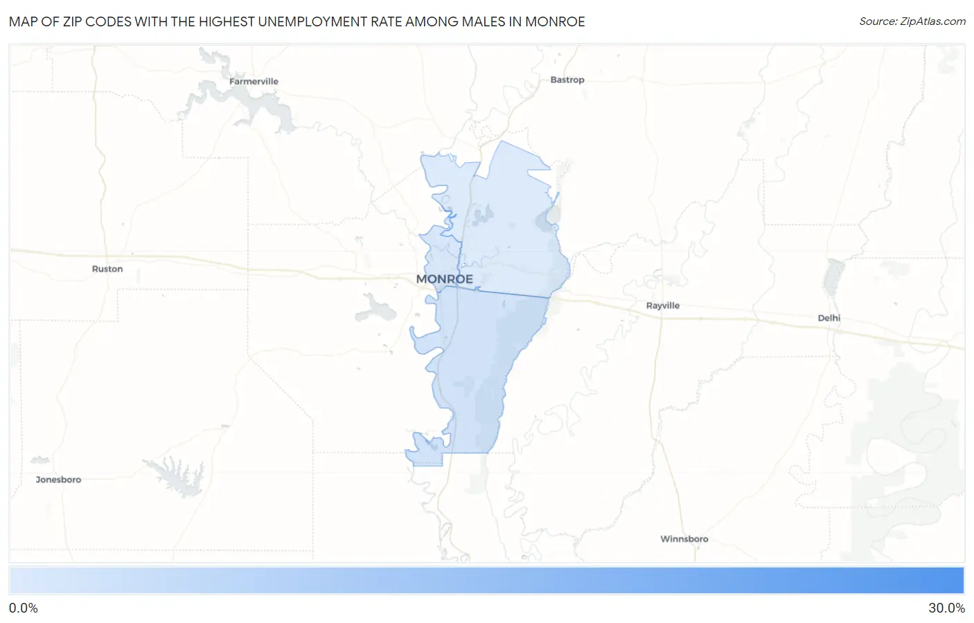 Zip Codes with the Highest Unemployment Rate Among Males in Monroe Map