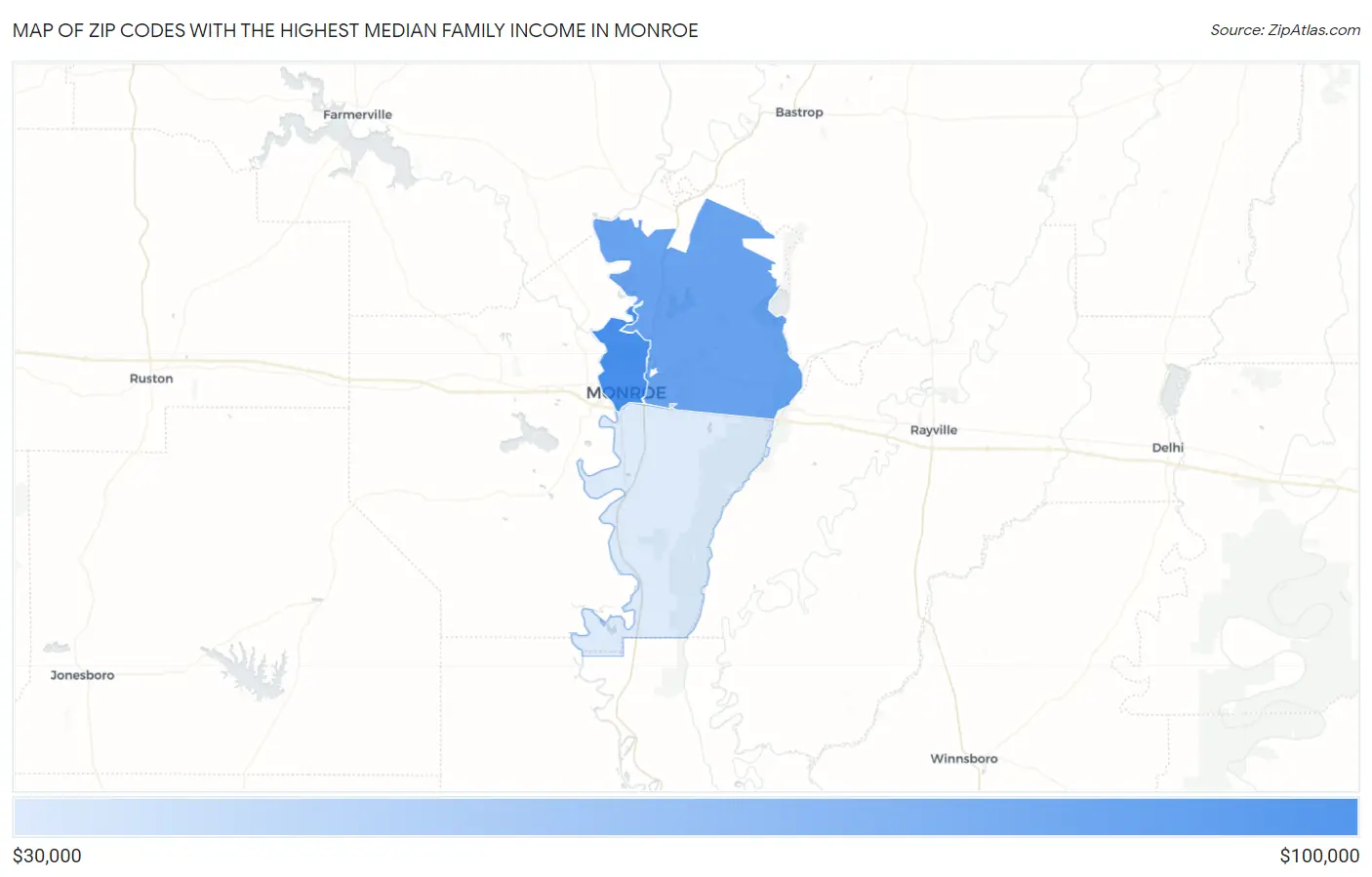 Zip Codes with the Highest Median Family Income in Monroe Map