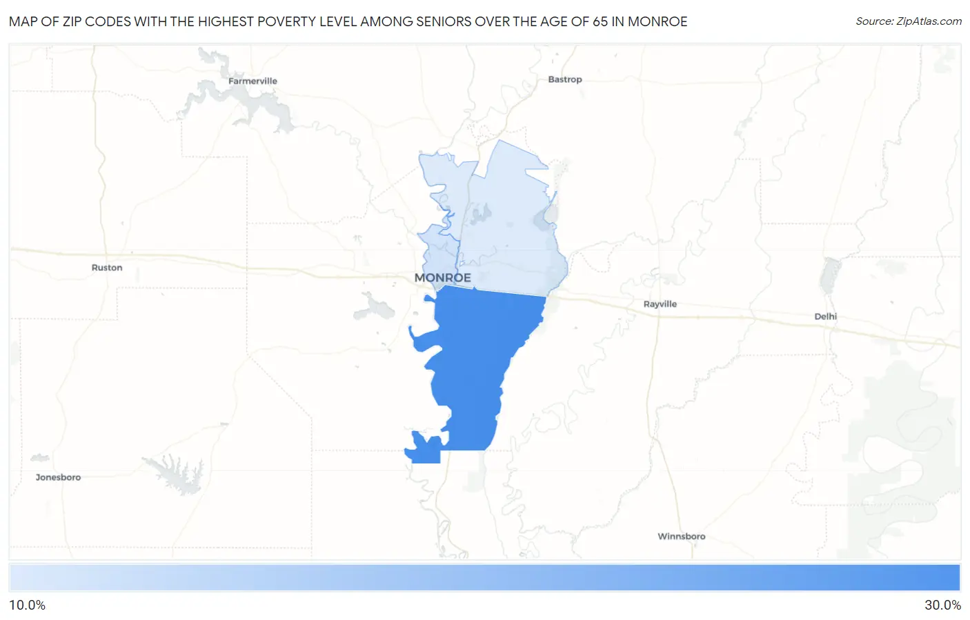 Zip Codes with the Highest Poverty Level Among Seniors Over the Age of 65 in Monroe Map