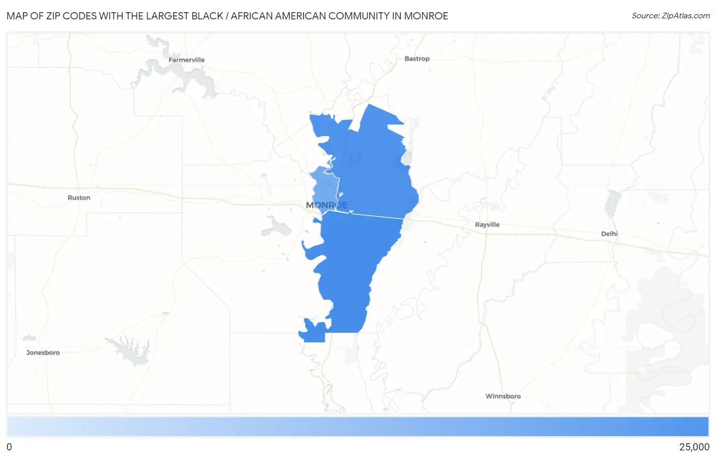 Zip Codes with the Largest Black / African American Community in Monroe Map