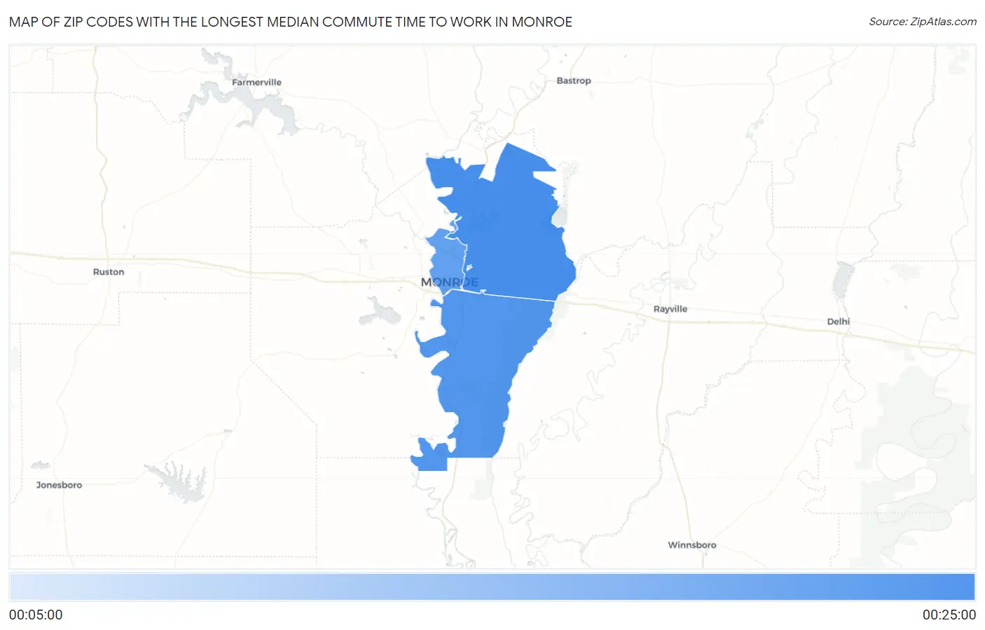 Zip Codes with the Longest Median Commute Time to Work in Monroe Map