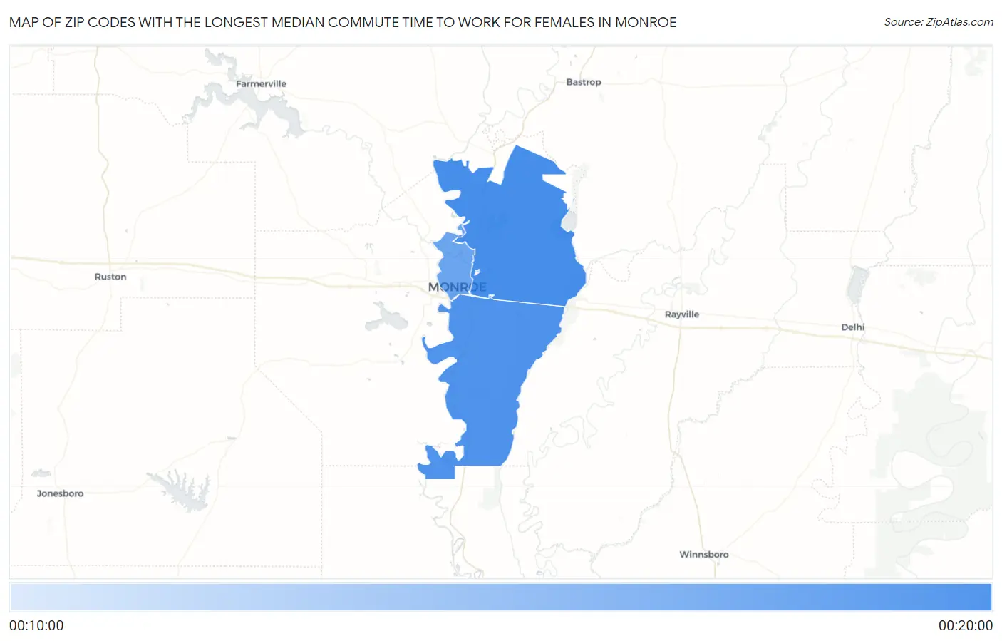 Zip Codes with the Longest Median Commute Time to Work for Females in Monroe Map