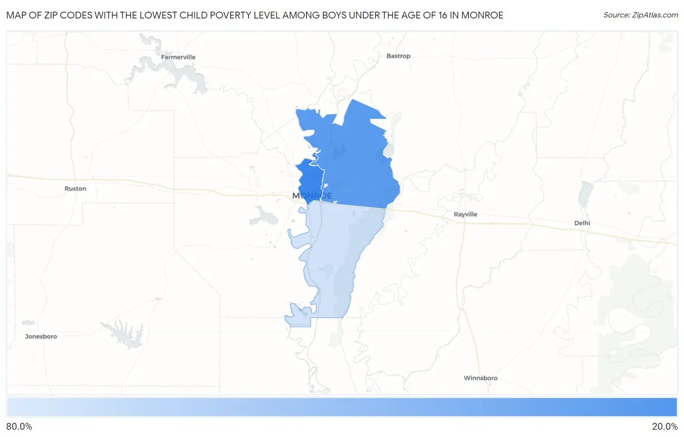 Zip Codes with the Lowest Child Poverty Level Among Boys Under the Age of 16 in Monroe Map