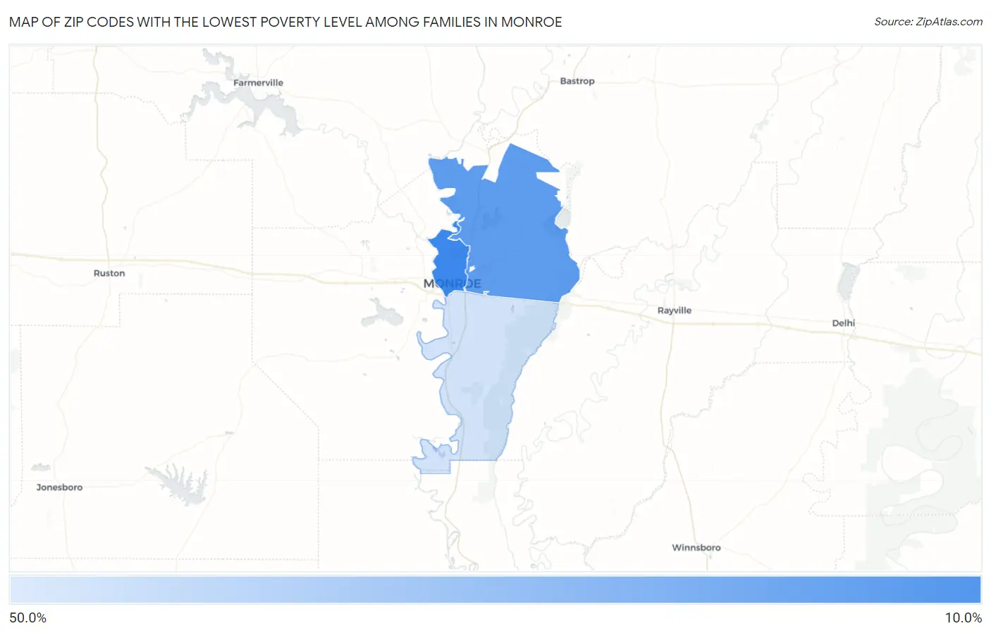 Zip Codes with the Lowest Poverty Level Among Families in Monroe Map